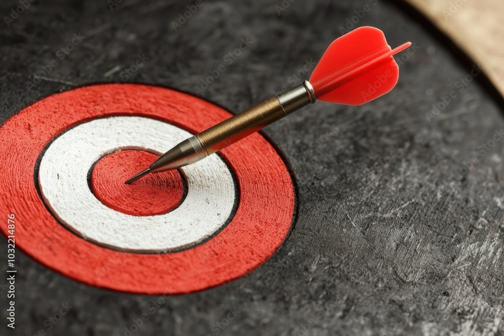 Poster a close-up view of a dart embedded in the center of a red and white target, symbolizing precision, f