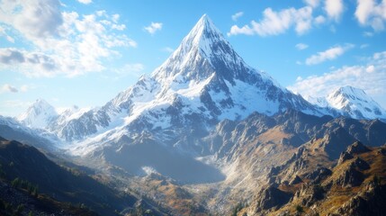 Obraz premium Snowy mountain peak against blue sky and clouds.