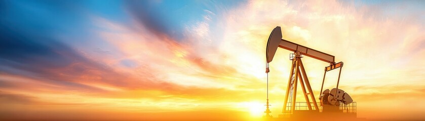 Obraz premium Oil pump jack silhouette against a vibrant sunset sky, showcasing energy production and natural resources.