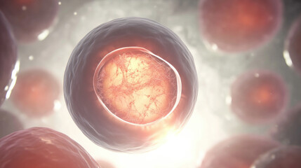 Close-up of decaying single cell with visible disintegration, contrasting with surrounding healthy cells, highlighting cellular biology concepts of life and death.
