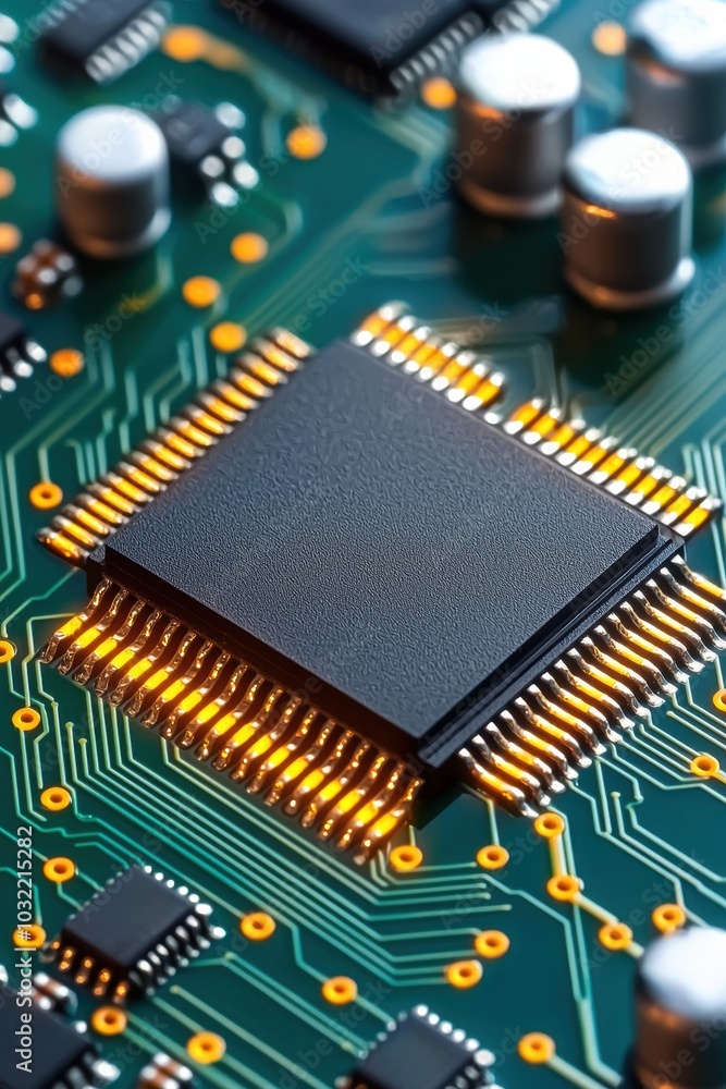 Poster close-up of a microchip on a vibrant green circuit board, showcasing intricate connections and elect