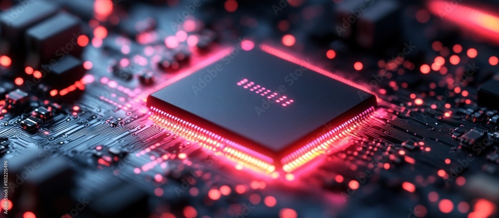 Poster close-up of a computer chip with glowing red lights.
