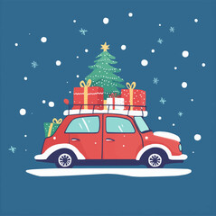Flat design vector of a car filled with presents and a Christmas tree tied to the roof.
