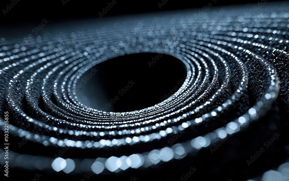 Poster close-up view of a circular spiral pattern with shimmering metallic textures, creating a captivating