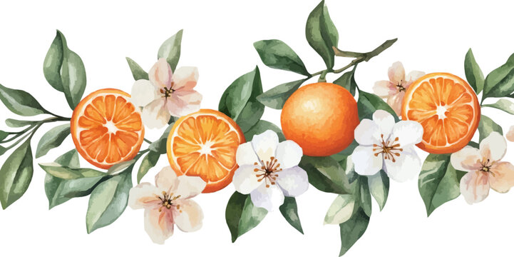 Fleur d'orange branches with oranges and flowers. Watercolor floral elements, decorative fruits and blossom. Trendy prints, vector templates set