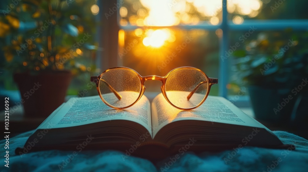 Poster a pair of glasses lie open on a book, with the setting sun shining through the window behind them.
