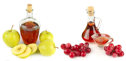 Wine and apple balsamic vinegar isolated on white. Collage. Wide photo. Free space for text.