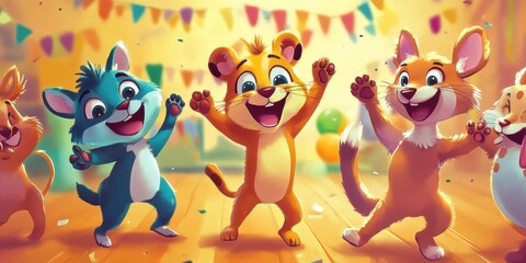 Fototapeta premium Four happy cartoon animals dancing.