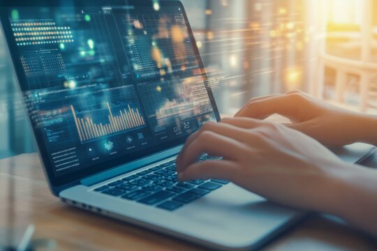 Hands Typing on Laptop Keyboard with Digital Marketing Dashboard Display, Real-Time Data Analytics, Online Marketing Strategies, and Business Growth Metrics.