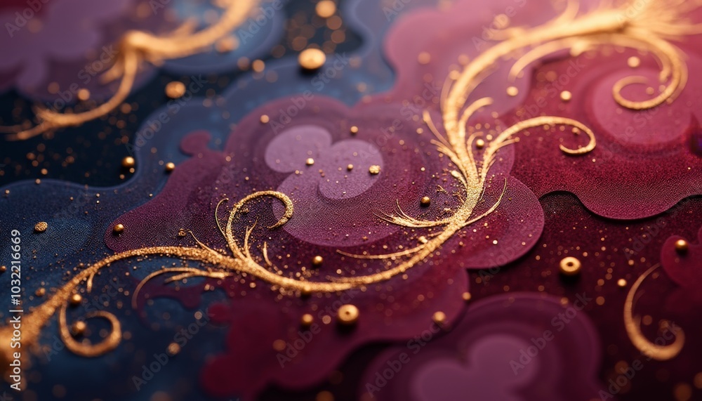 Poster delicate golden threads weave through softly hued patterns of red and blue, creating an elegant tape