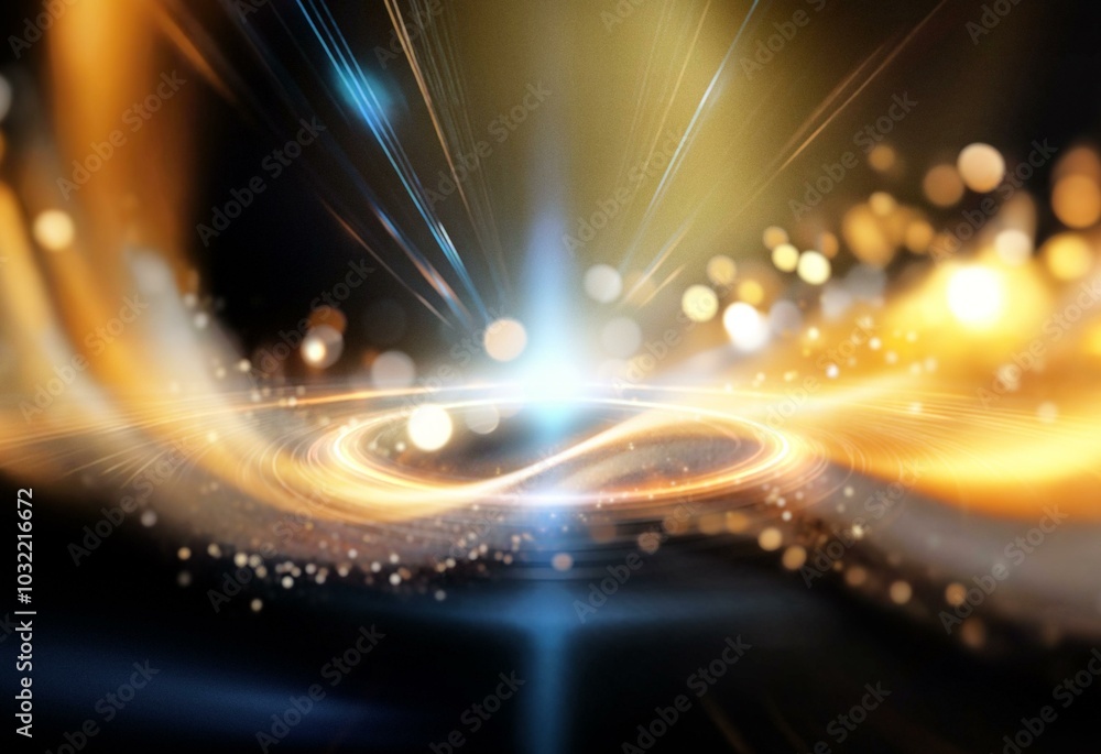 Poster Abstract background with a bright light in the center and blurred golden bokeh.