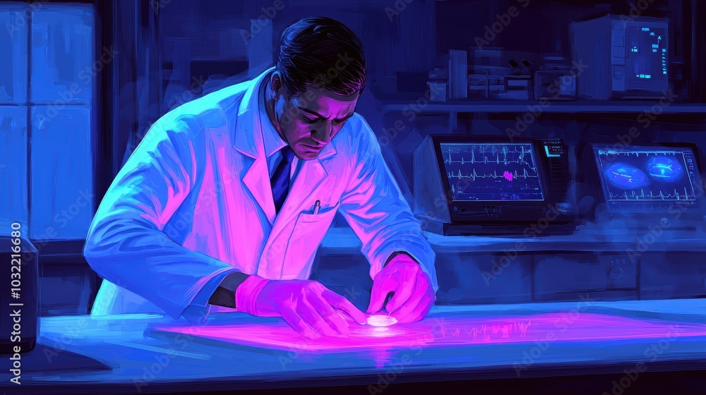 Poster a scientist in a lab examines a glowing sample under ultraviolet light, surrounded by advanced techn