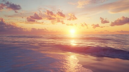 Fototapeta premium Orange sunset over rippling ocean waves.
