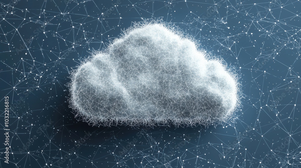 Poster a fluffy cloud composed of interconnected fibers, set against a dark background with a network of gl