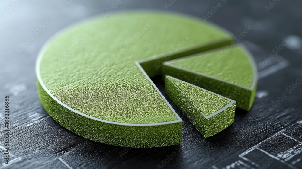 Poster ed green pie chart on a textured black surface, representing data visualization and business analyti
