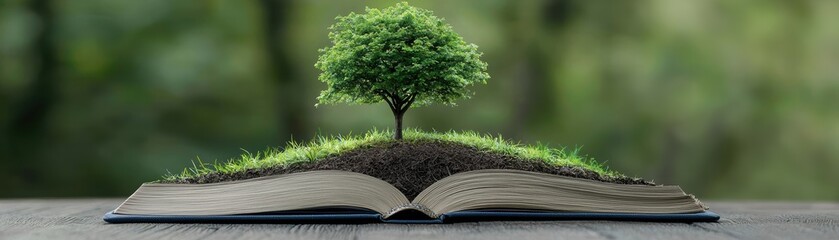 A vibrant tree grows from an open book, symbolizing nature, growth, and knowledge. Perfect for concepts of education and environmental awareness.