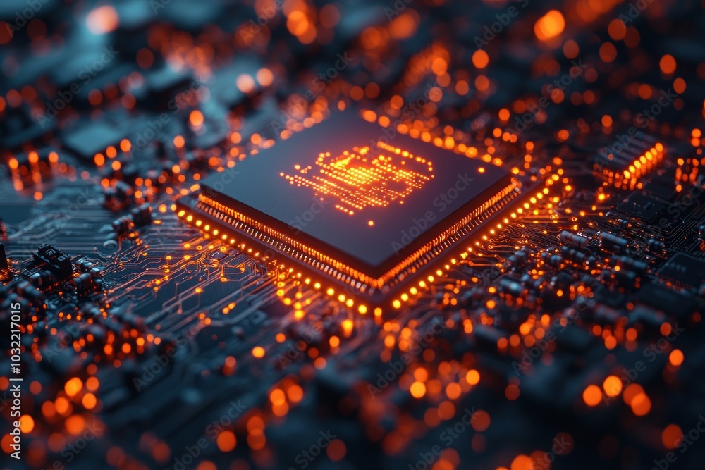 Aufkleber close-up of a glowing cpu processor on a circuit board with intricate wiring.