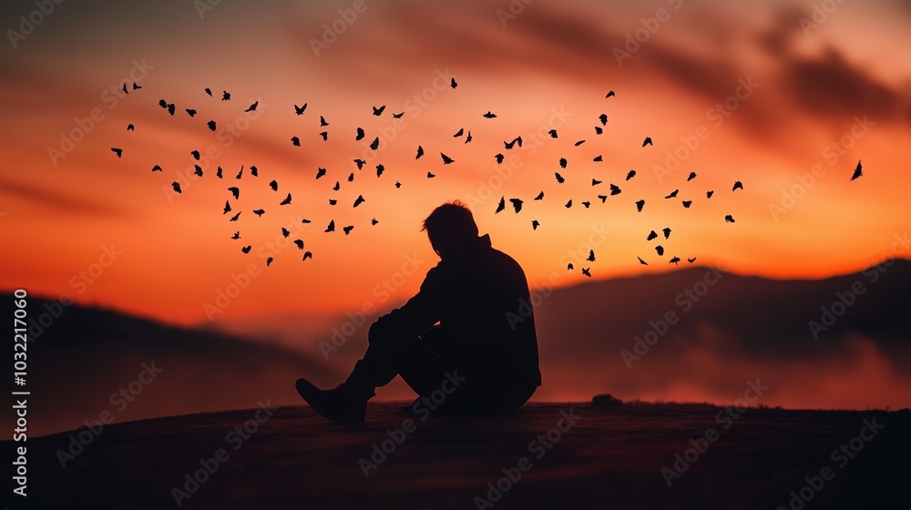 Sticker Silhouette of a person sitting on a hill at sunset with birds flying around in a colorful sky