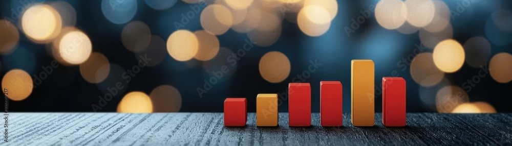Poster colorful bar graph on a wooden surface with shimmering golden bokeh in the background, representing 
