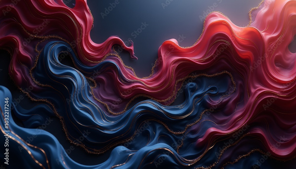Poster Flowing strands of vivid red and deep blue intertwine gracefully, illuminated by a gentle light, evoking a sense of movement and tranquility in an abstract artistic composition