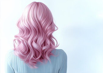 Obraz premium A woman with pink hair is wearing a blue shirt. The hair is long and wavy, and the pink color is vibrant and eye-catching. Concept of confidence and individuality
