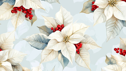 Christmas seamless vector background with white and gold poinsettia flowers and red berries, vintage watercolor style.