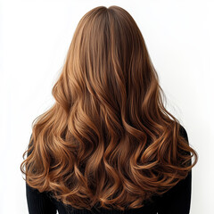 Fototapeta premium A woman with long brown hair is shown with her back to the camera. The hair is styled in a way that it is flowing and is very long. Scene is one of elegance and sophistication