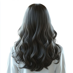 Fototapeta premium A woman with long, dark hair is shown with a white background. The hair is styled in a way that it is flowing and is very long. Concept of elegance and sophistication