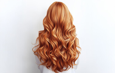 Naklejka premium A woman with long red hair is shown with her hair styled in a wavy, curly fashion. Concept of elegance and sophistication, as the woman's hair is the focal point of the picture