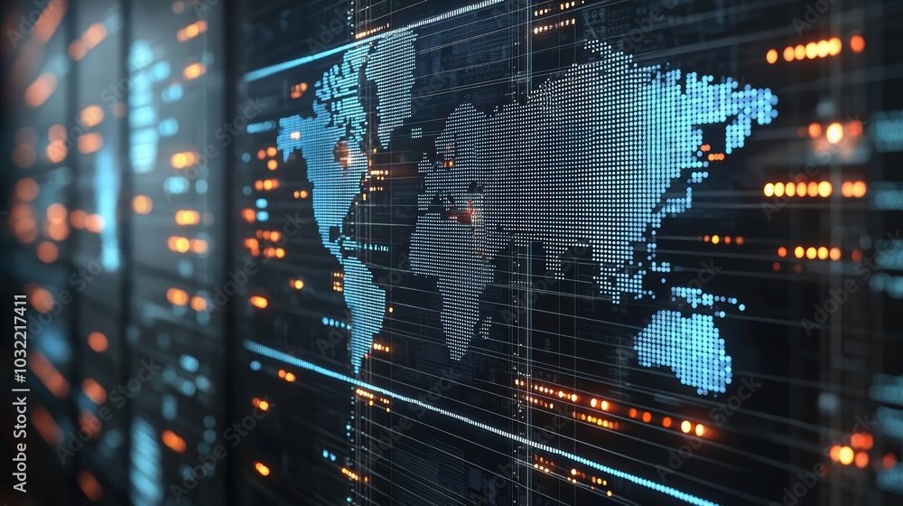 Poster a digital world map displaying data flow and network connections, symbolizing global communication a