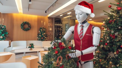 Robot in a festive office setting, decorating a Christmas tree with a Santa hat. Modern technology meets holiday traditions.