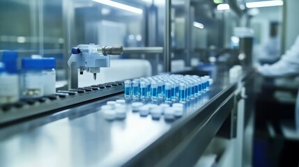 Fototapeta premium Automated Pharmaceutical Production Line with Medication Vials: Embracing Technology for Quality Control and Efficiency.