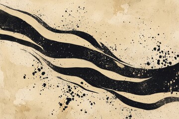 Obraz premium An abstract design featuring flowing black lines and splatters on a beige background, evoking movement and creativity.