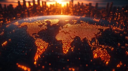World Map with Glowing City Lights at Sunset