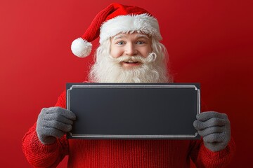 Naklejka premium Cheerful Santa Claus holds a blank sign, ready for personalized messages this holiday season. Perfect for Christmas greetings and festive designs.