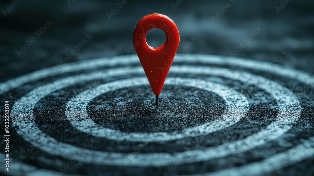 Poster a close-up of a red location pin set on a dark textured surface, symbolizing navigation and mapping 