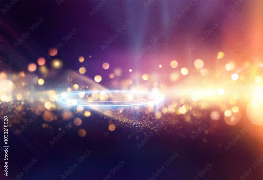 Poster a luminous circle, with soft glowing light, floats over a field of twinkling bokeh, creating a warm 