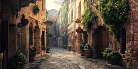 Fototapeta premium Cobblestone street lined with old buildings.