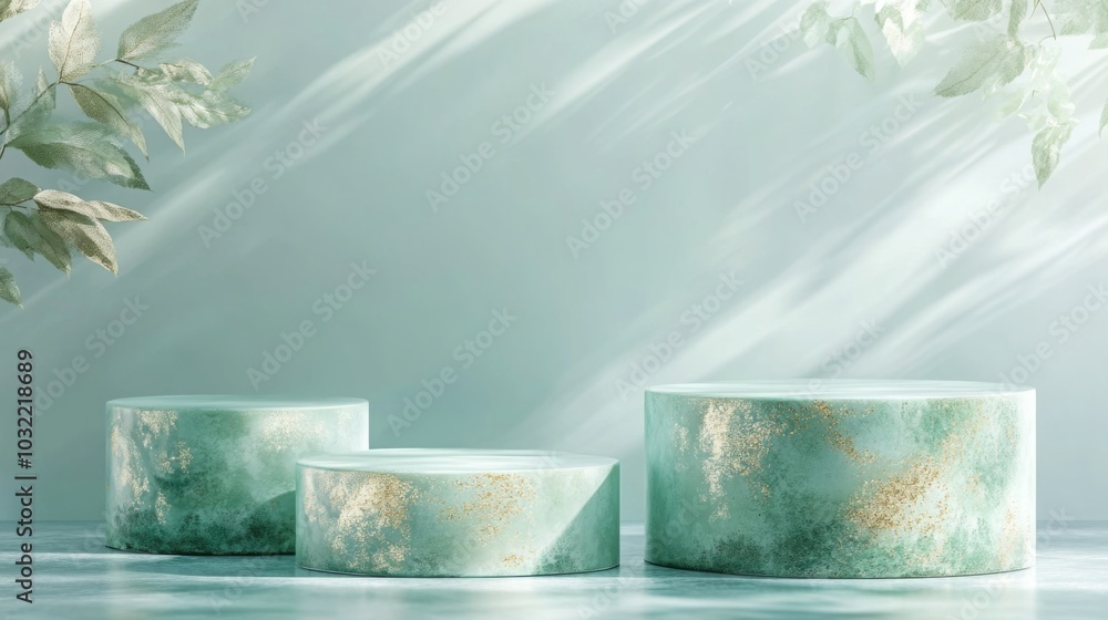 Fototapete Three circular platforms in varying sizes display a soft green hue, accented with delicate gold specks, set against a light background with gentle shadows from nearby foliage.