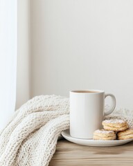 Cozy Hot Chocolate and Pastries on Rustic Wooden Table by Sunlit Window
