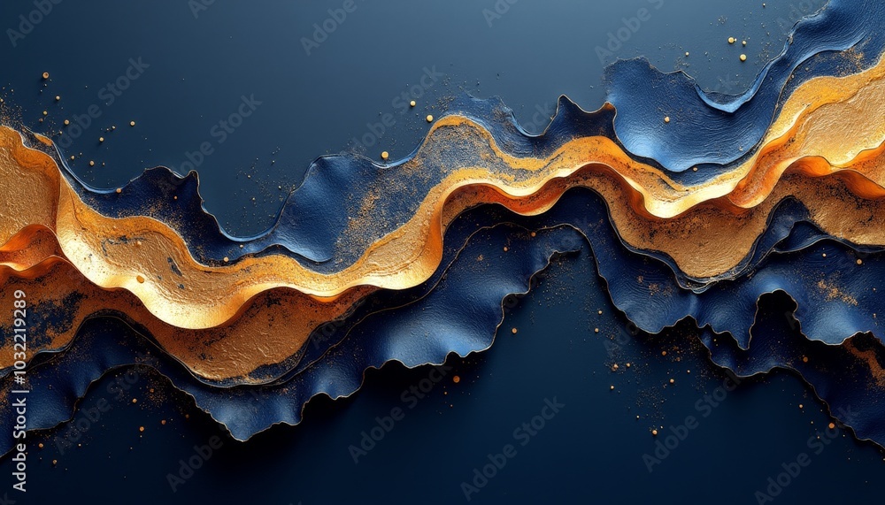 Poster layers of rich blue and warm gold flow together, creating a dynamic interplay of color and texture t