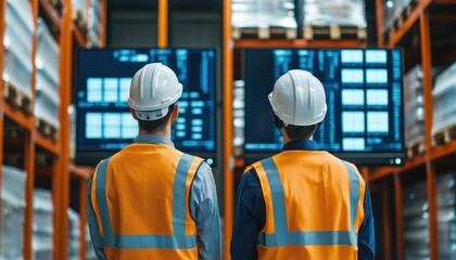 Engineers analyzing data in a modern warehouse environment with digital displays and safety gear