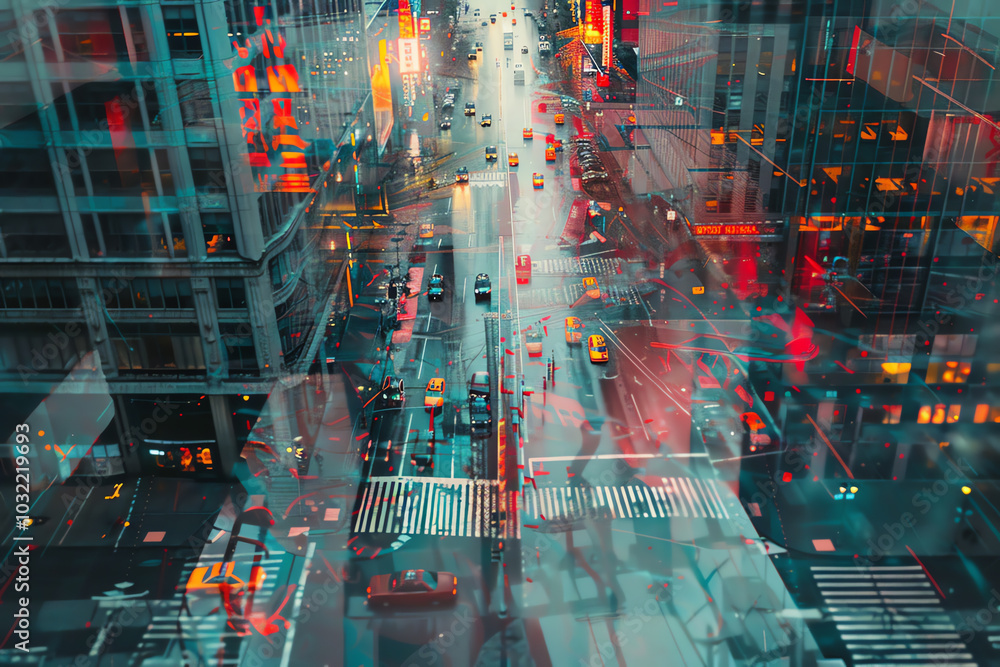 Poster blend traditional urban street art elements with futuristic tech visuals from an aerial perspective 