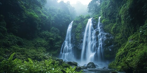 Fototapeta premium Three waterfalls cascade through lush green foliage.