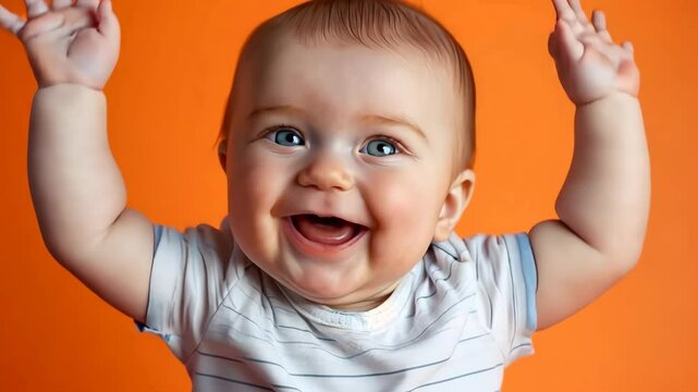 Adorable Baby Smiling With Raised Hands, Orange Background, Joyful Infant Expression, High-Resolution Photography, Happy Child Celebration, Perfect For Holiday Cards And Children's Advertisements