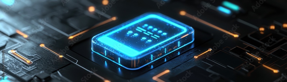Poster futuristic smartphone design with glowing edges and circuit board integration. perfect for technolog
