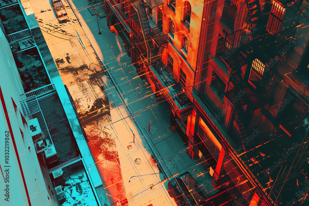 Poster blend traditional urban street art elements with futuristic tech visuals from an aerial perspective 