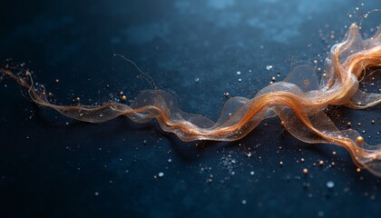 Graceful golden strands intertwine, dancing lightly across a deep blue backdrop, surrounded by sparkling particles that add depth and intrigue to the composition