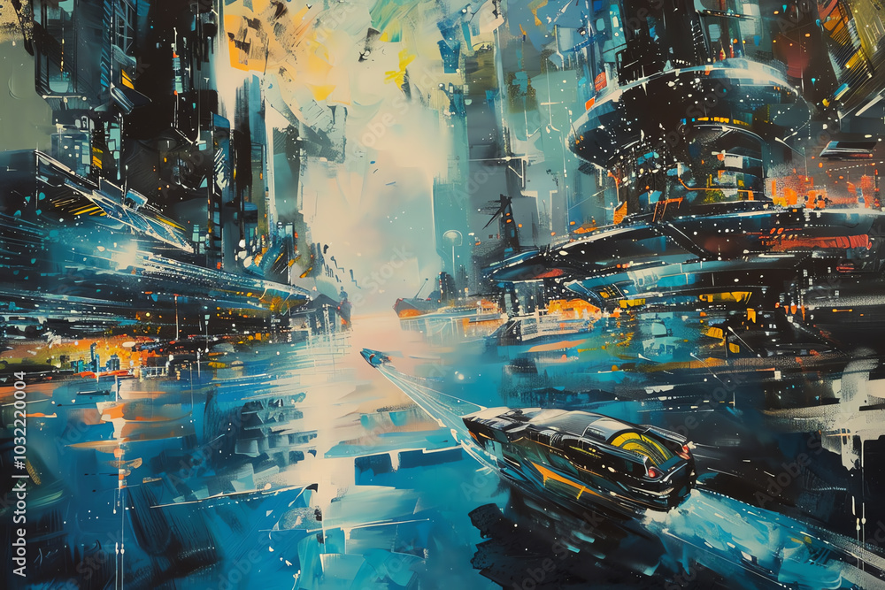 Poster bring together futuristic technologies and dystopian visions in a painting using acrylics choose an 