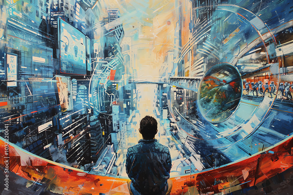 Poster bring together futuristic technologies and dystopian visions in a painting using acrylics choose an 